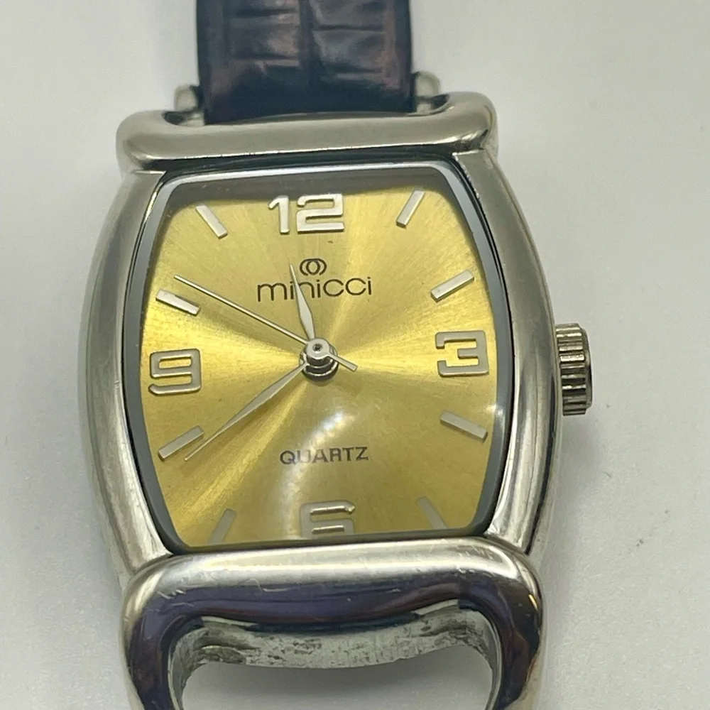 Vintage Minicci Quartz Gold Rectangle Dial, Black Genuine Leather Band 8 inches